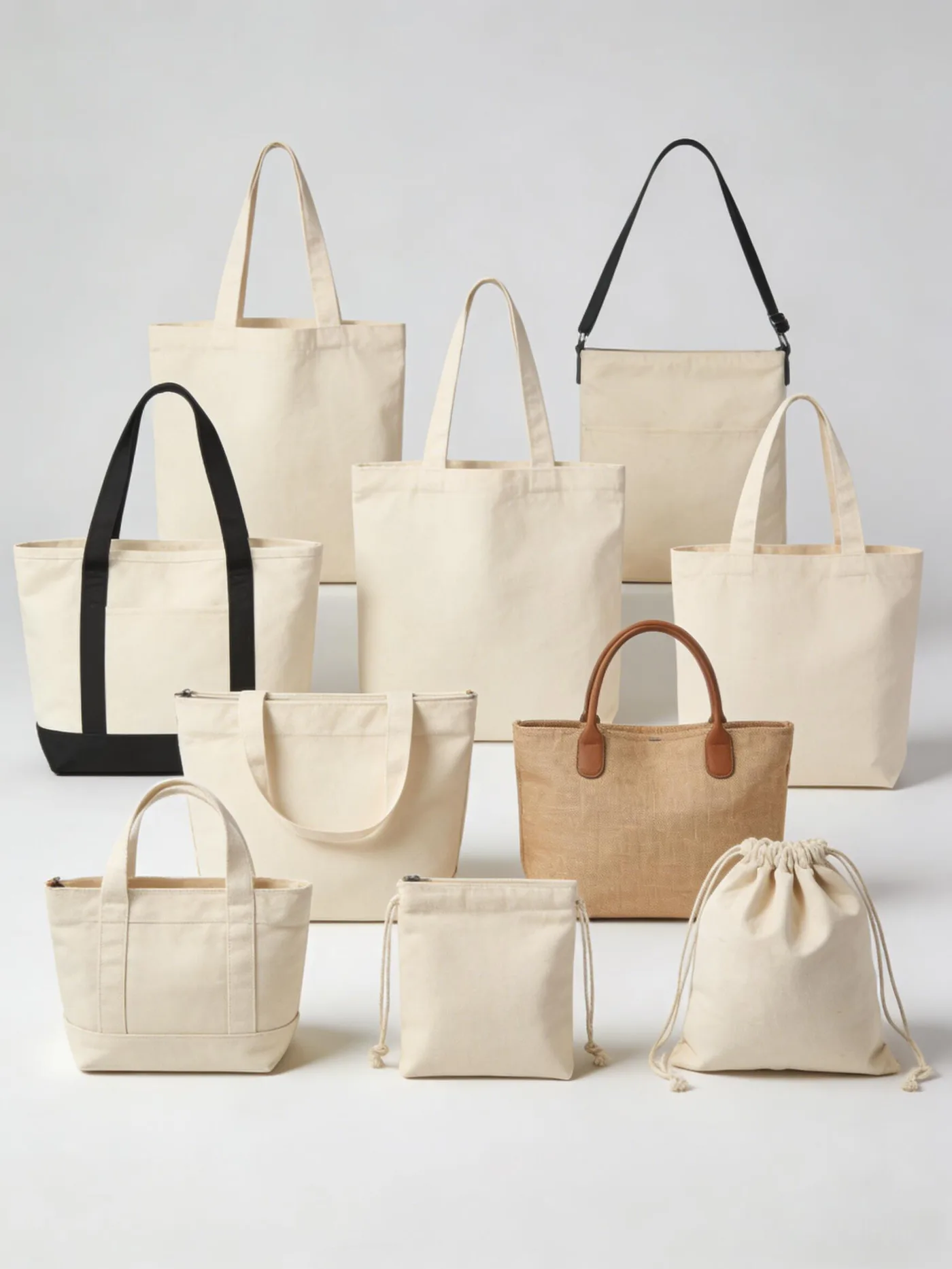 A family of blank canvas bags: totes, drawstring pouches, shoulder and beach bags