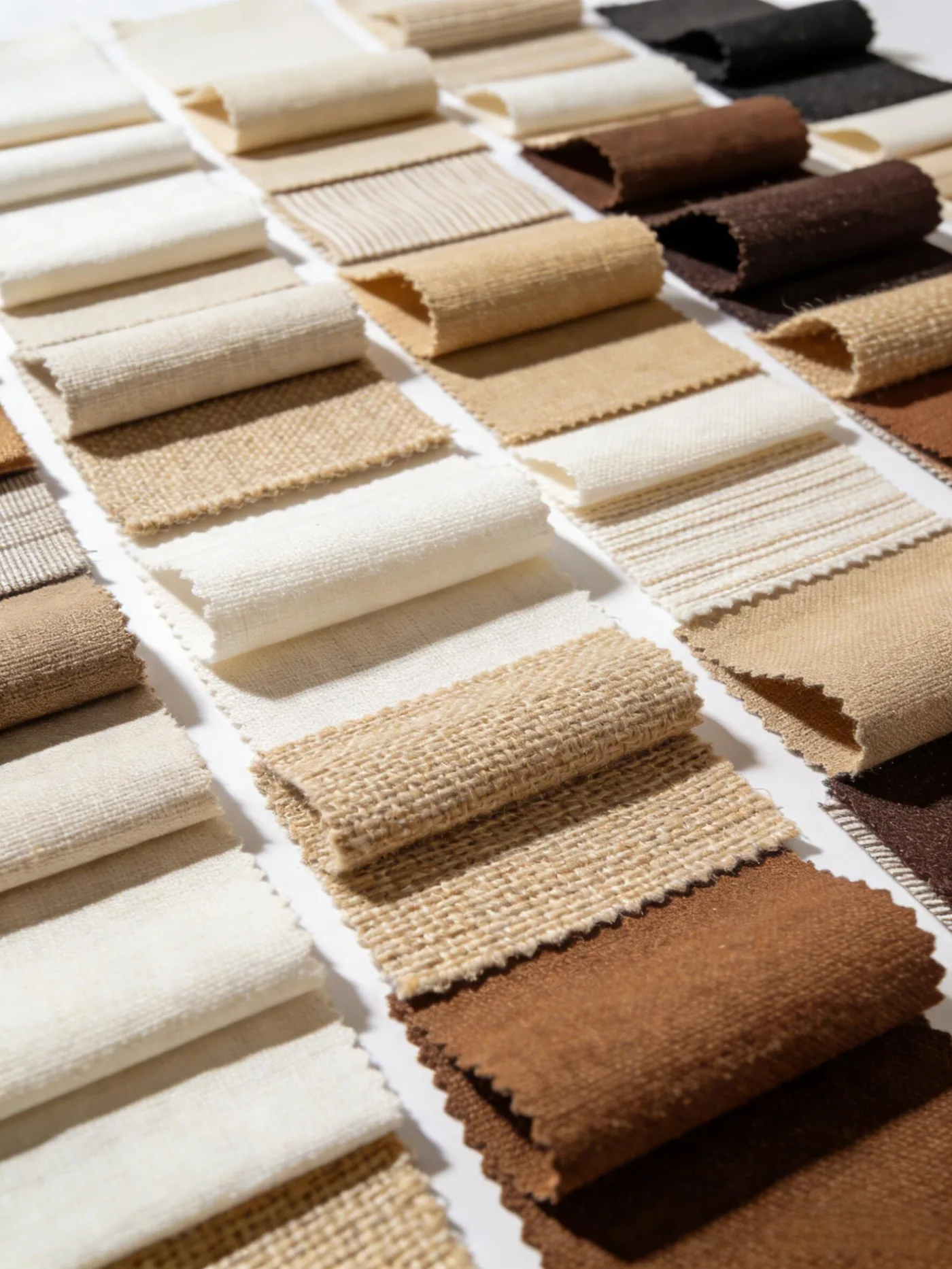 Rolls of canvas fabric swatches in natural and earth tones
