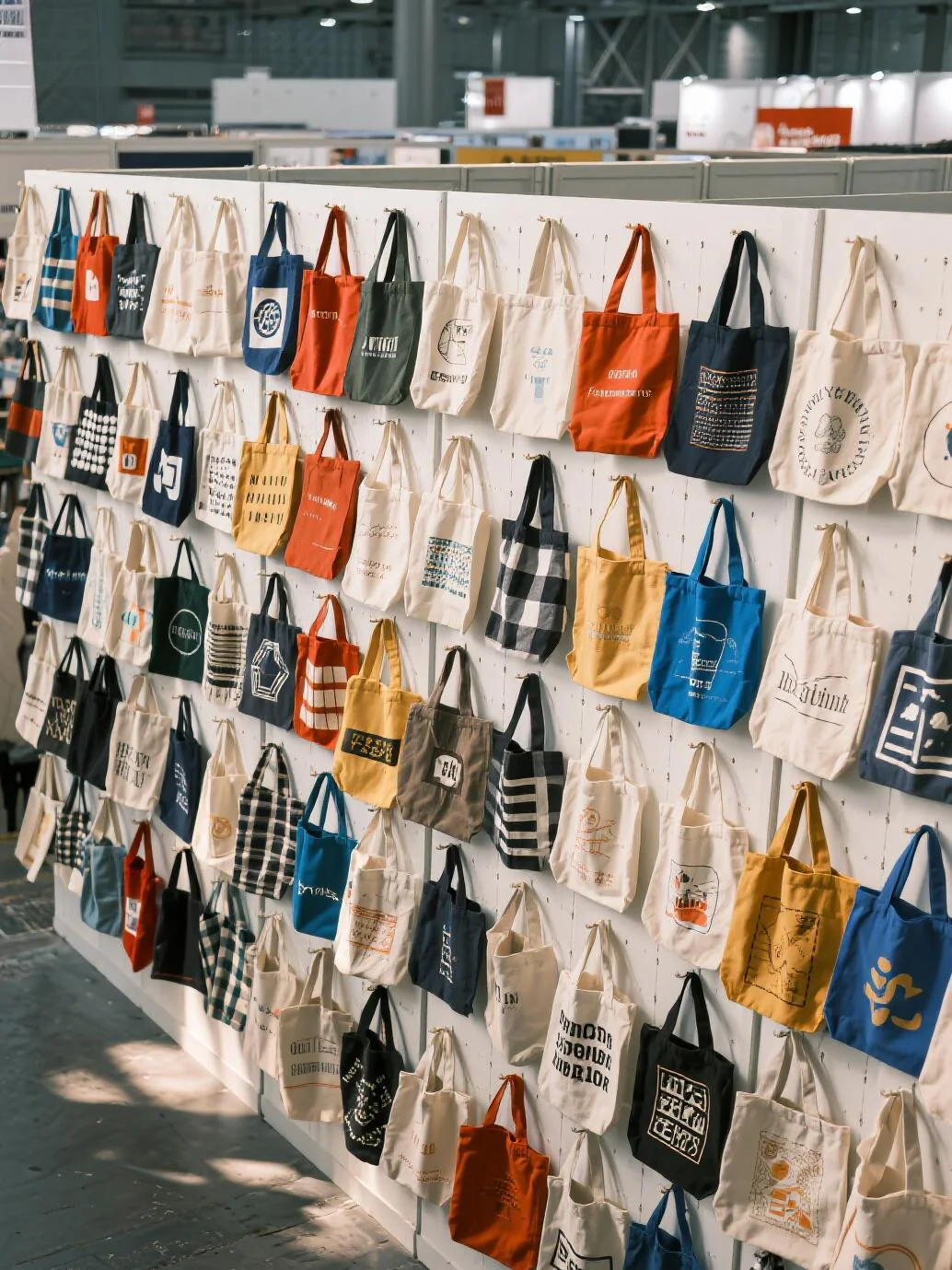 Canvas tote bag collection display — custom printed cotton canvas bags